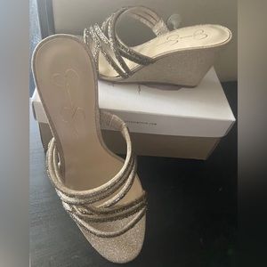 Wedge Sandal, Synthetic & glitter upper, Slip-on, Round open toe,
3"  wedge heel
